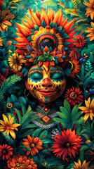 Fototapeta premium indigenous woman adorned with traditional face paint and feather headdress, surrounded by lush jungle foliage and vibrant flowers, under a radiant sun. Brazil Independence Day