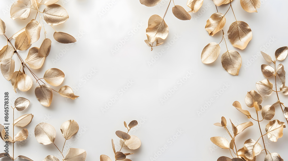 Poster Gold round frame made of gold branches eucalyptus and leaves isolated on white background lay flat top view : Generative AI