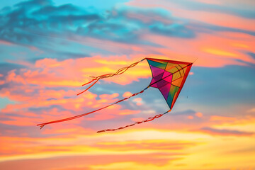 A vibrant close-up of a kite flying in the evening sky, with the sunset creating a colorful backdrop and the kite string gently swaying in the breeze