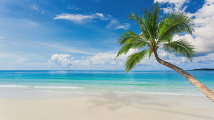 Beautiful tropical beach with blue sky and abstract texture background of white clouds. Summer vacation and vacation business travel concept.