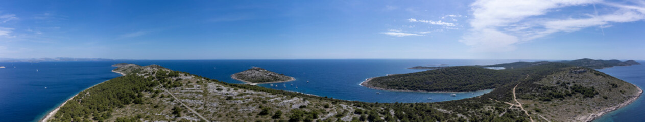 Panoramic drone view of the Mediterranean coast of the island Zirje in Croatia