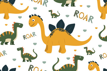 Children cute funny dinosaur pattern on white isolated background. Seamless prehistoric dino in cartoon concept. For decorating children's parties, cards, prints.