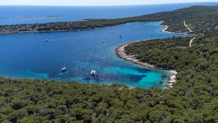 drone view of the Mediterranean coast of the island Zirje in Croatia