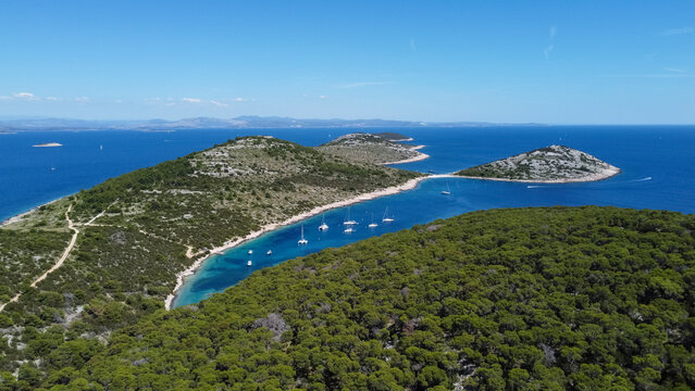 drone view of the Mediterranean coast of the island Zirje in Croatia