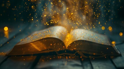 Magical Book with Golden Sparkles. Open book with golden sparkles floating above, creating a magical and enchanting atmosphere, perfect for fantasy themes.