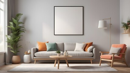 Frame mockup, ISO A paper size, Living room wall poster mockup, Interior mockup with house background, living room, Scandinavian style, 3D render, 3D illustration