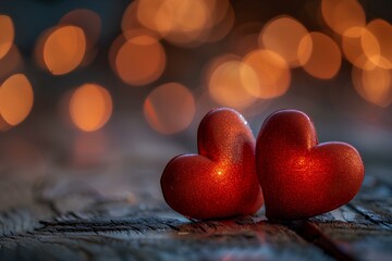 A couple of red hearts sitting on top of a wooden table