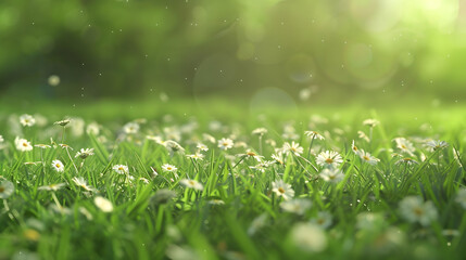 Field of green grass and blooming daisies and dandelions a lawn in spring : Generative AI