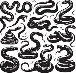 Silent Stalkers: A Collection of Snake Silhouettes, Vector Illustration 