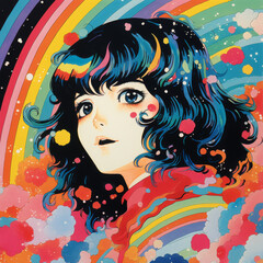 Naklejka premium portrait of anime girl in close-up. Anime girl with beautiful dark blue hair is smiling happily. Bright colorful abstract background. girl smiles and laughs
