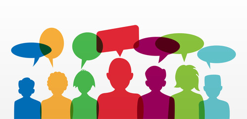 Silhouettes of a group of peoplre and bubbles for speech. The design is suitable for presentations, prints and more. Vector illustration.