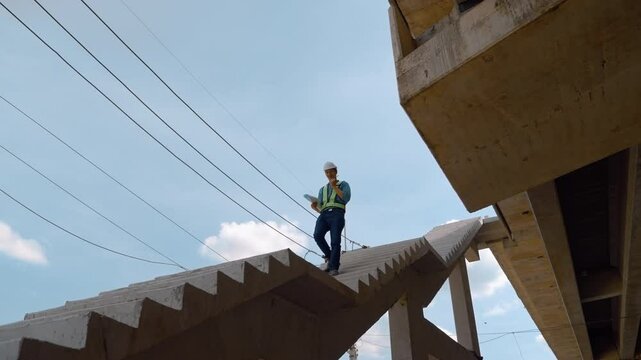 Engineer or technician inspecting bridge construction for transportation system, engineering concept, construction, infrastructure system.
