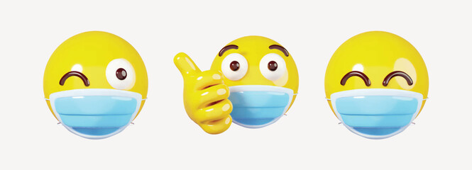 Set of Realistic 3d MAsk Emoji Icons. Thumb Up in Mask, Wink In Mask and Smile In Mask. Yellow Glossy 3d Emotions round face Cartoon Style 3d vector illustration
