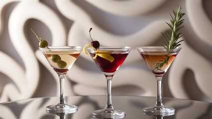 Three cocktails in glasses for martini