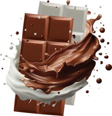 Dark chocolate bar with chocolate cream and milk splashing splashing, 3d vector , Gradient Mesh