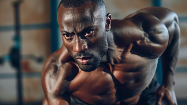 Focused bodybuilder appearing intense and determined during a strength training workout at the gym.