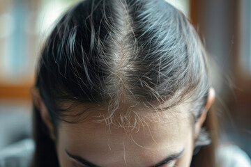 Fototapeta premium Young woman with parted hair on her head. Hair loss