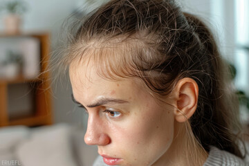 A young woman with thin thin hair on her head. Hair loss