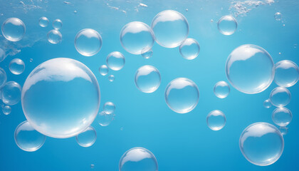 Countless clear air soap bubbles of various sizes drift effortlessly across a bright turquoise background. Fun, playful, and lighthearted concepts.