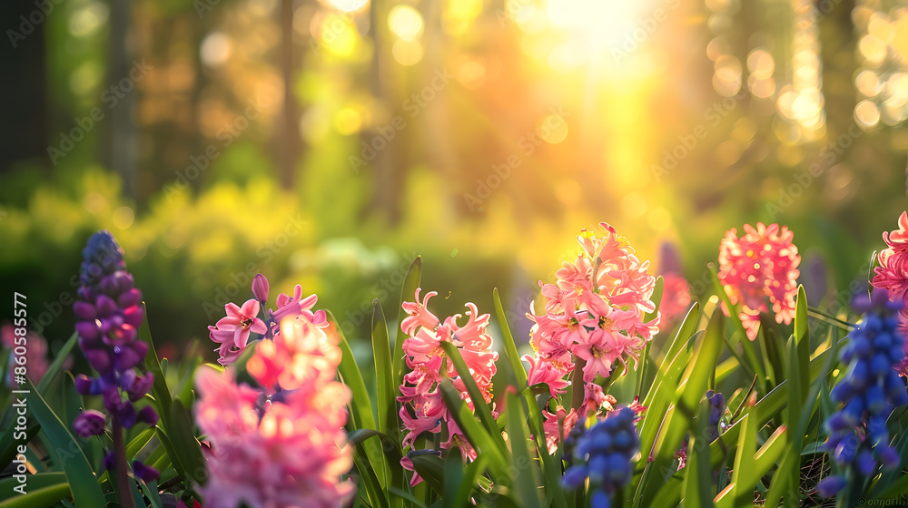 Poster spring glade in forest with flowering pink and purple hyacinths in sunny day in nature colorful natu