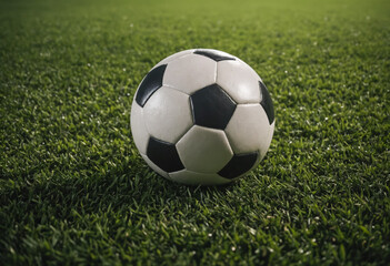 Photograph of a soccer or football ball on a grass field. Themes related to sports, recreation, and outdoor activities.