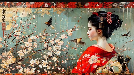 Traditional Japanese print depicting a young geisha in a colorful kimono against a background of blossoming cherry trees.