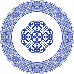 Circle blue frame with large pattern in the center, workpiece for your design. Ornamental elements, motifs of Kazakh, Kyrgyz, Uzbek, national Asian decor plate, textile and print design. Round frame. 