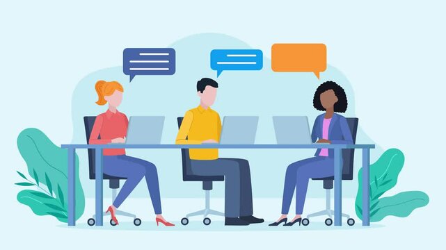 Three people working and writing on computers. Coworkers having conversation. Diverse team. People sitting on dest and typing. Animation in flat design style.