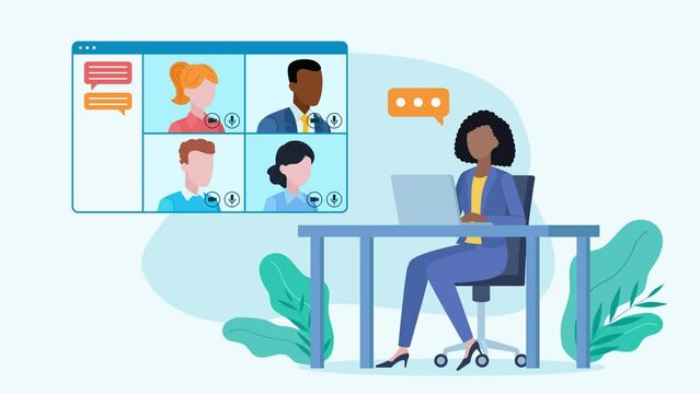 A woman sits at a desk and writes on a computer. a window with video chat with other employees. A diverse team. Speech bubbles. Conversation. Animation in flat design style.