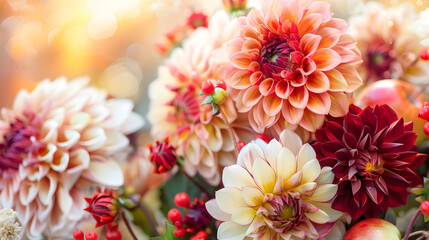 Fototapeta premium Autumn flowers closeup background fall flowers bouquet florist composition with dahlia and apples : Generative AI