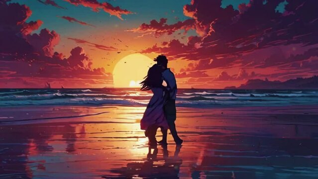 A beach scene at sunset where the sun glows with each note of a serenade, ending with the couple dancing in the glowing surf, zoom OBS, anime chill hip hop. Cyan purple colours manga style