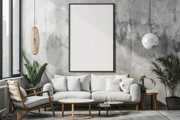 Modern scandinavian living room with high quality mockup poster frame for contemporary decor