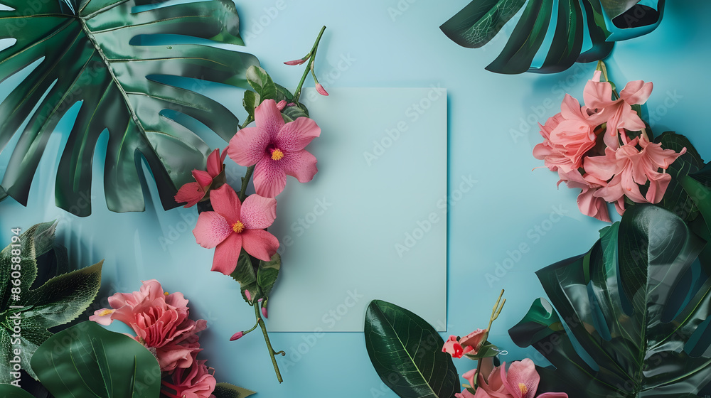 Poster creative layout made of flowers and leaves with paper card note flat lay nature concept : generative