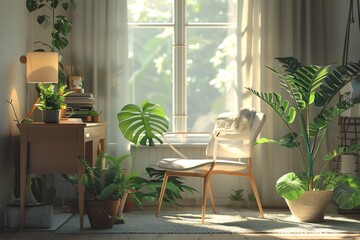 Cozy workspace, natural light, houseplants, focus on, calming environment, ethereal, composite, Scandinavian design backdrop