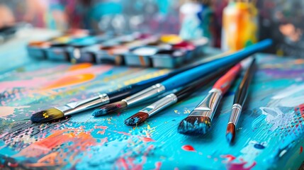 Creative studio, art supplies, sketchpad, close up, artistic inspiration, vibrant, manipulation, loft apartment backdrop