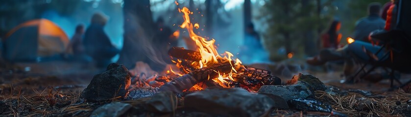 Fototapeta premium Campfire, glowing embers, people gathered, focus on, cozy warmth, realistic, double exposure, forest campsite backdrop