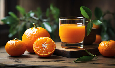 a glass of Juice from ripe, juicy tangerines, a couple of ripe tangerines on the table next to it.