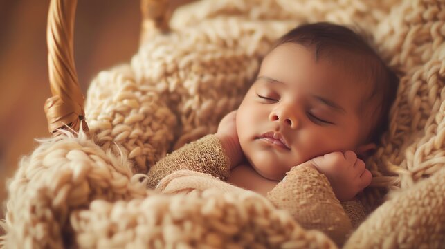 Baby in a basket, fluffy blankets, serene expression, close up, adorable pose, vibrant, manipulation, rustic backdrop
