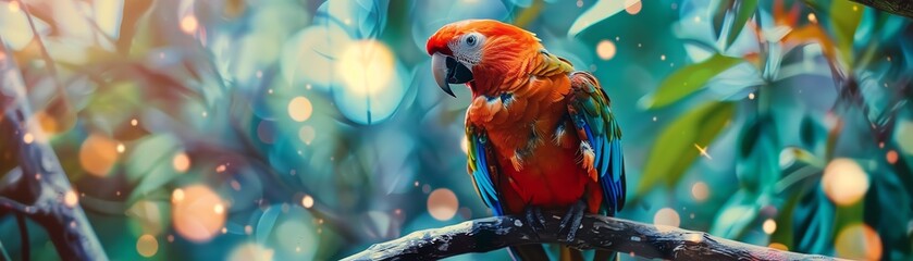Obraz premium Parrot, vibrant feathers, perched on a branch, selective focus, colorful portrait, surreal, blend mode, tropical forest backdrop