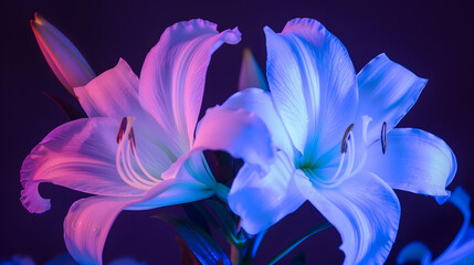 Composition of two white Lilium flowers illuminated by black light sources UV light : Generative AI