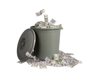 Trashcan with 100 US dollar bills. Ineffective investments concept