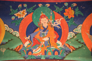 A detailed view of Padmasambhava painting displayed on a Monastery wall in Zanskar