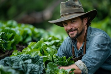 A Farmer Smiling Among His Green Lettuce Crop on a Sunny Day
