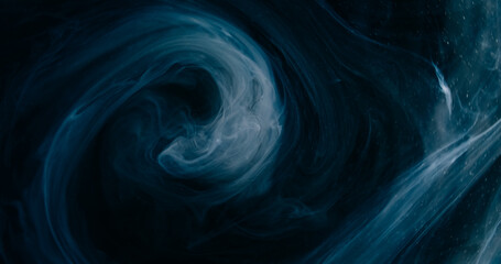Smoke swirl. Ink water vortex. Blur blue black glowing particles texture mist paint splash wave on...
