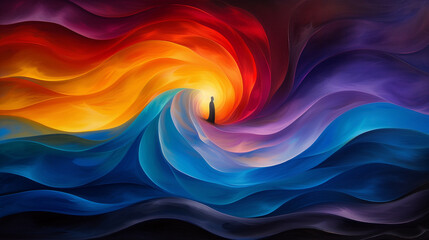 A figure standing at the center of swirling, colorful waves;