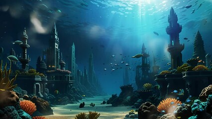 The city of Atlantis that sank to the bottom of the sea. Seamless looping 4k video animation