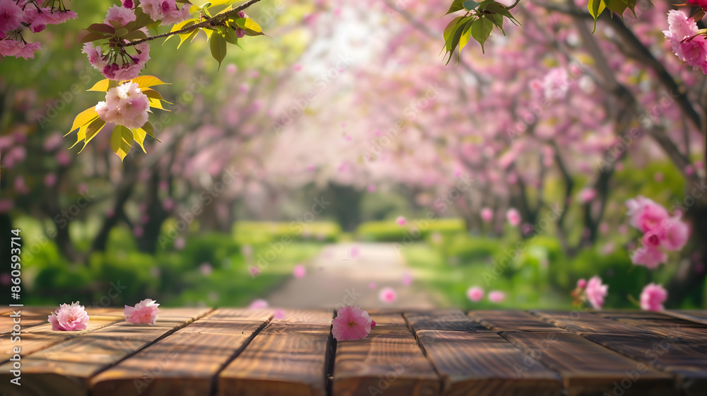 Aufkleber Empty wooden table in Sakura flower Park with garden bokeh background with a country outdoor theme Template mock up for display of product : Generative AI