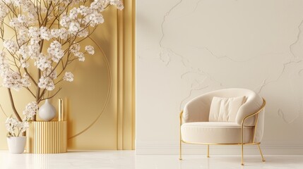 A luxurious living room with a golden color scheme, showcasing minimalist design elements and a spacious, airy feel. The image exudes elegance and opulence, with ample copy space for customization.