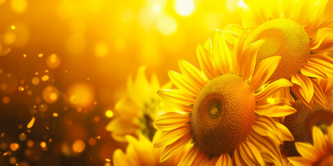 Fototapeta premium Golden sunflowers under hot sunlight close -up Perfect for backgrounds, invitations, and seasonal campaigns needing a touch of nature. Place for text.