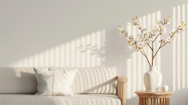 A cozy living room bathed in warm golden light, featuring minimalist furnishings and a welcoming ambiance. The image provides ample copy space for customization.